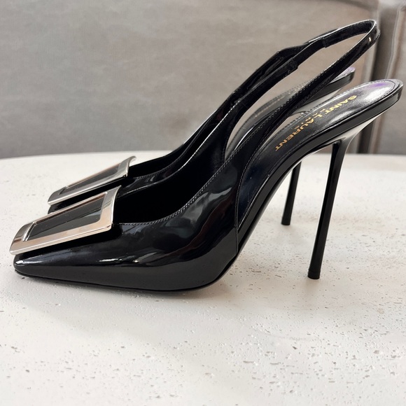 SAINT LAURENT Maxine buckle-embellished patent-leather slingback pumps US 9 - Picture 6 of 8